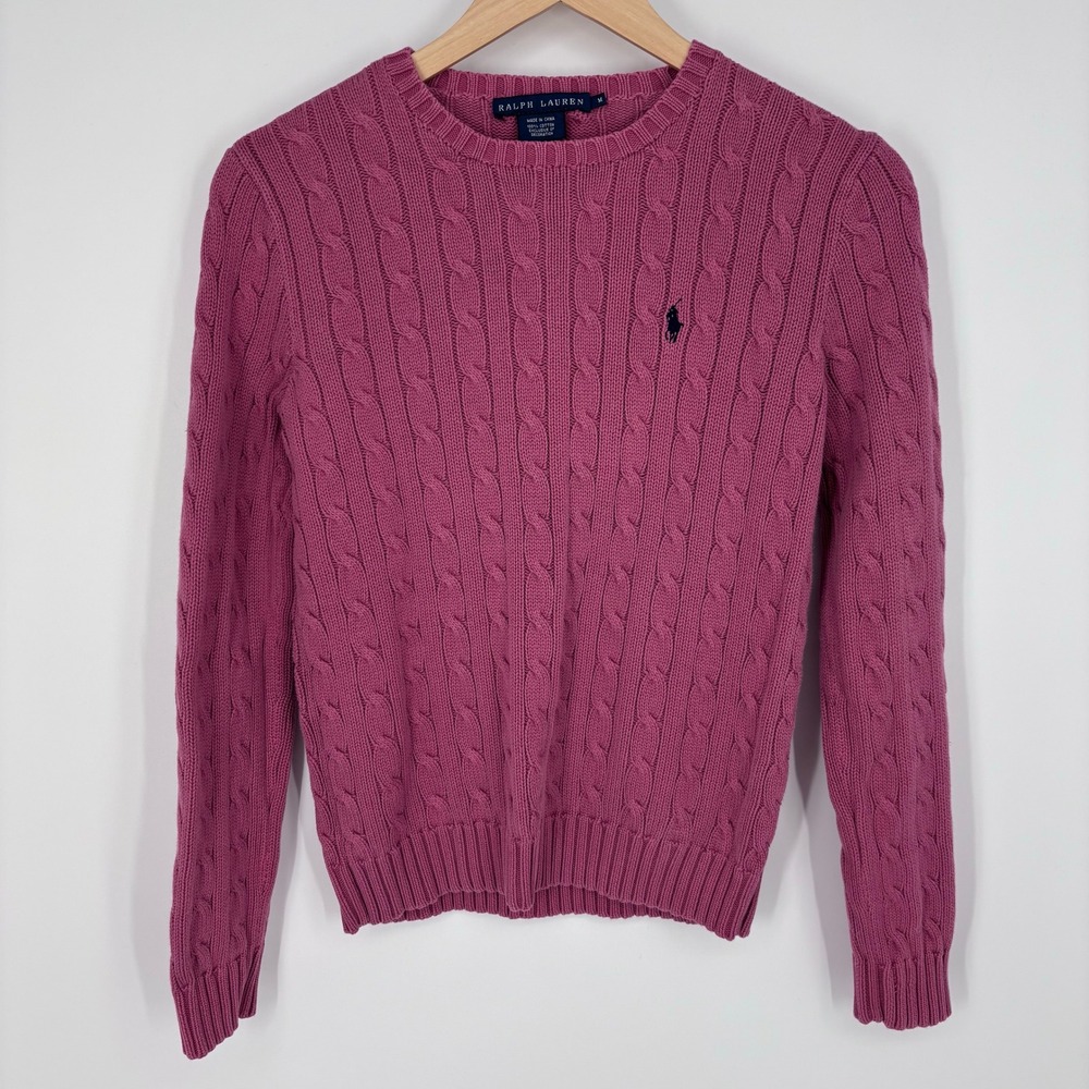 Polo Ralph Lauren Cable Knit Cotton Crewneck Sweater Women M Magenta Pink Preppy